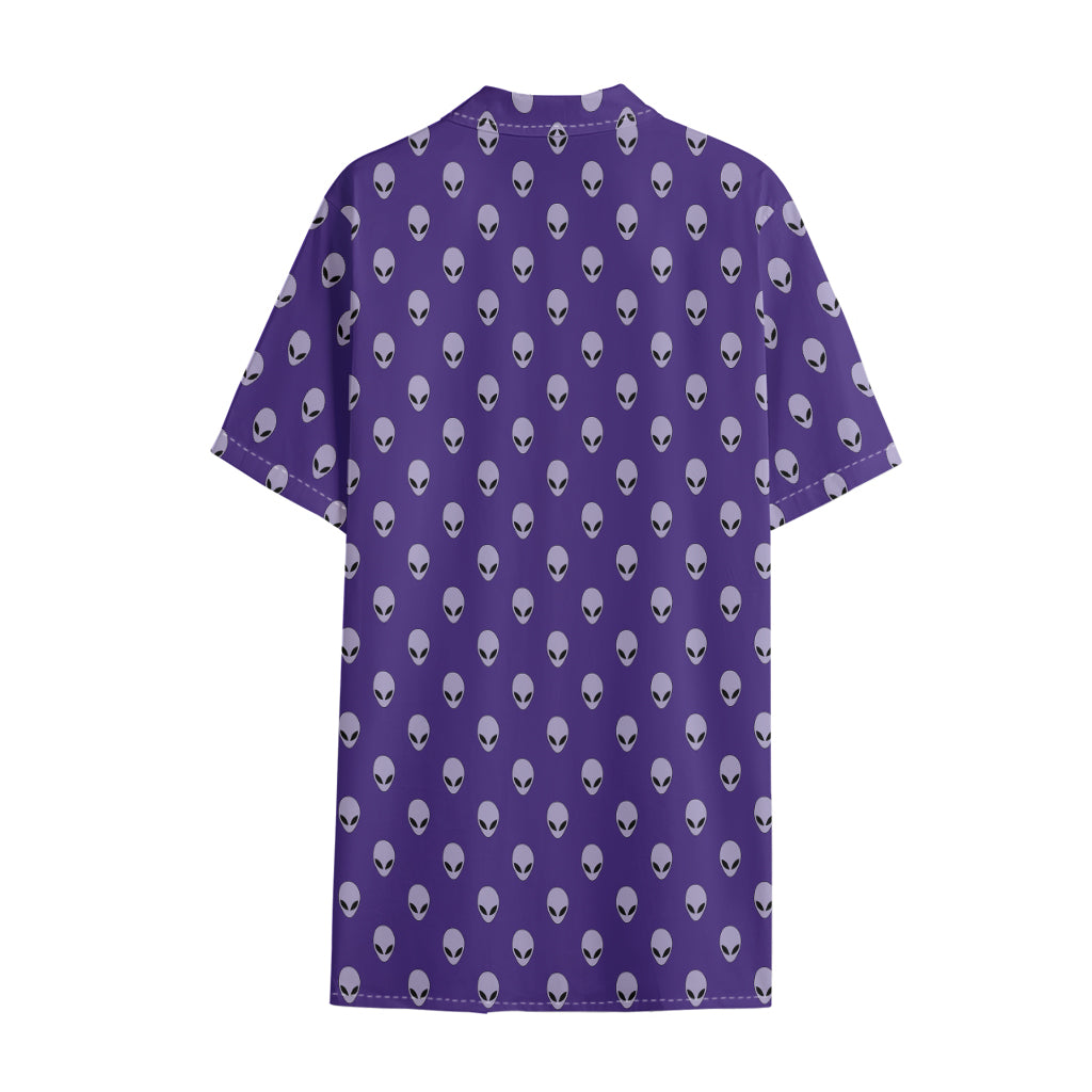 Purple Alien Face Pattern Print Cotton Hawaiian Shirt