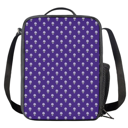 Purple Alien Face Pattern Print Crossbody Lunch Bag