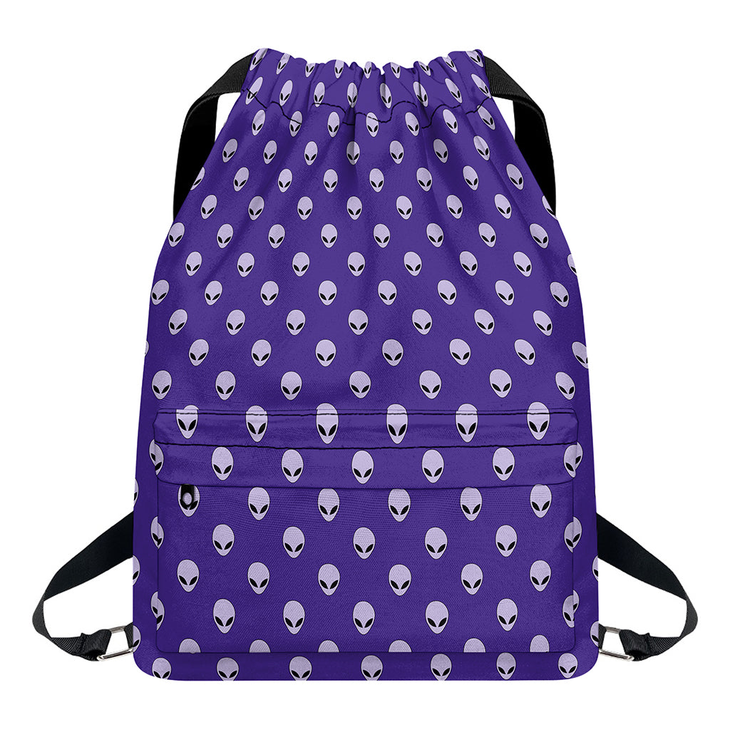 Purple Alien Face Pattern Print Drawstring Backpack