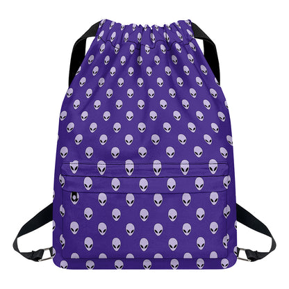 Purple Alien Face Pattern Print Drawstring Backpack