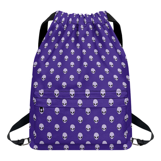 Purple Alien Face Pattern Print Drawstring Backpack