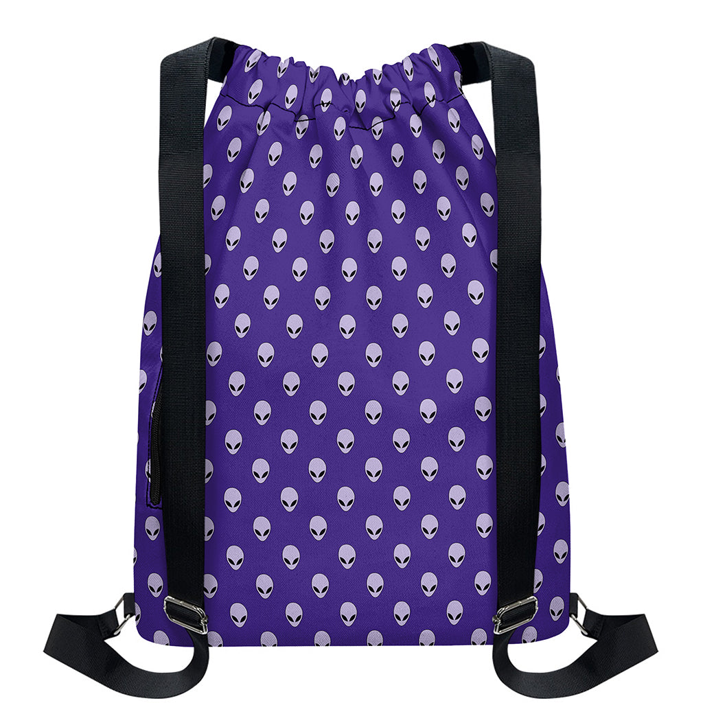 Purple Alien Face Pattern Print Drawstring Backpack