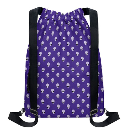Purple Alien Face Pattern Print Drawstring Backpack