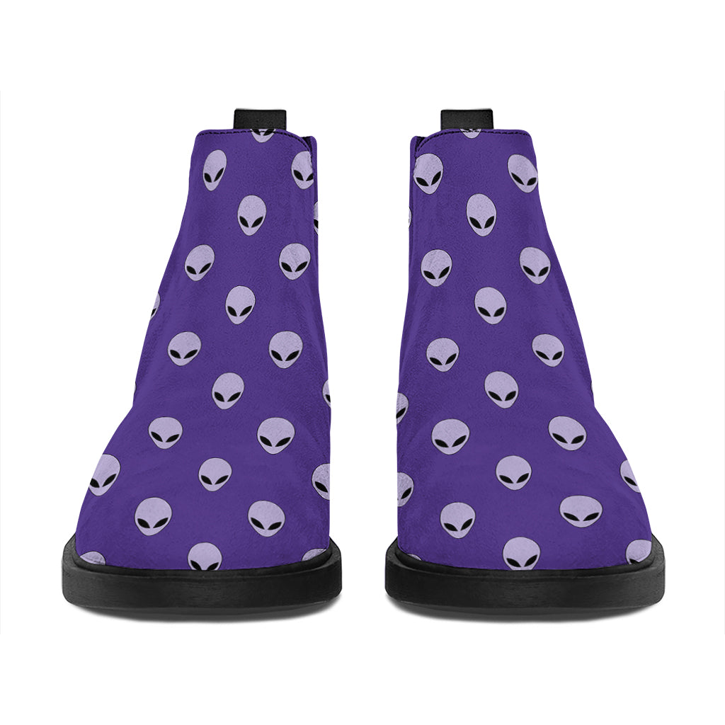 Purple Alien Face Pattern Print Flat Ankle Boots