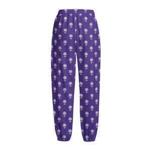 Purple Alien Face Pattern Print Fleece Lined Knit Pants