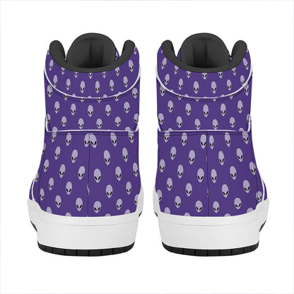 Purple Alien Face Pattern Print High Top Leather Sneakers
