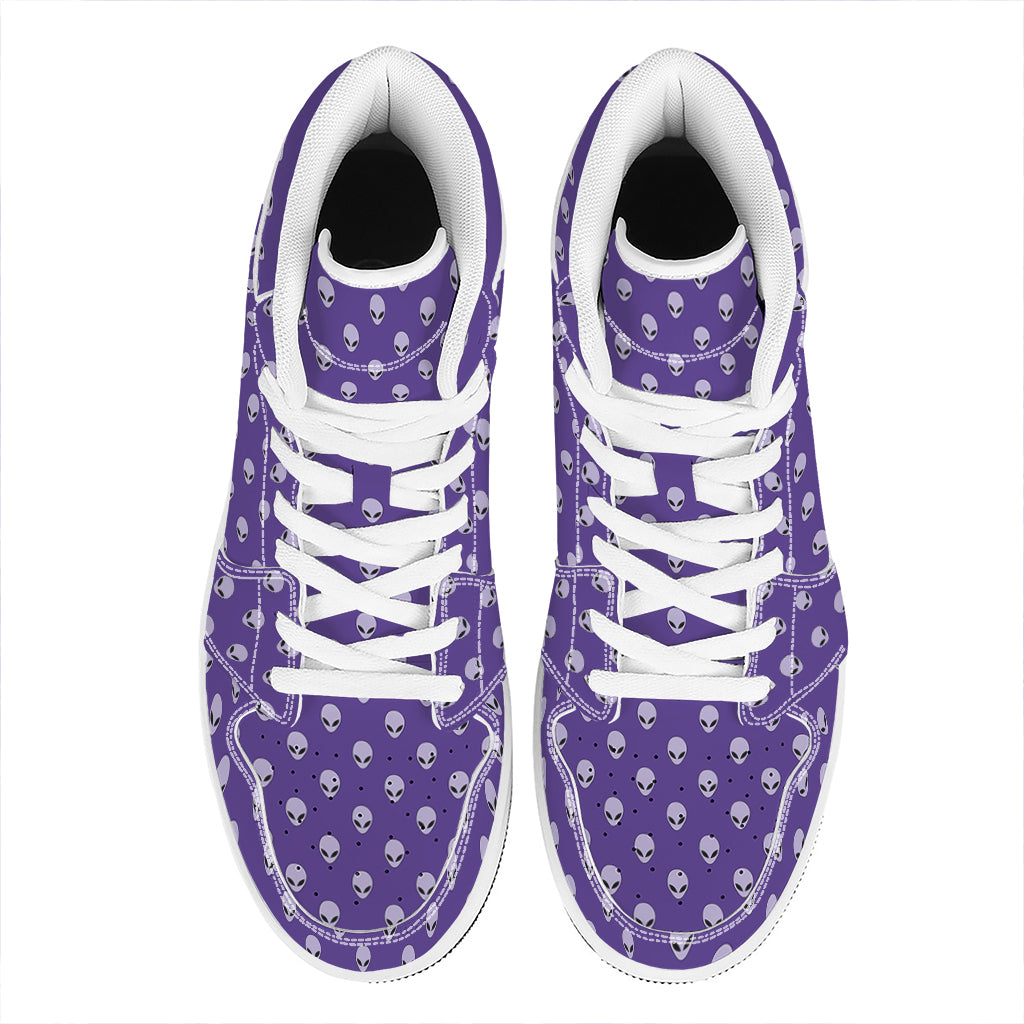 Purple Alien Face Pattern Print High Top Leather Sneakers