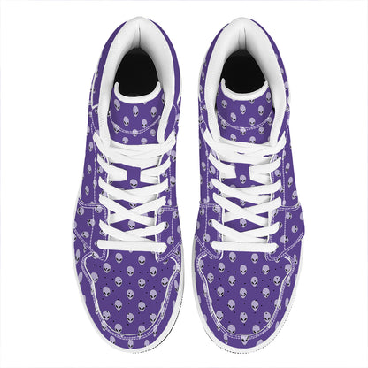 Purple Alien Face Pattern Print High Top Leather Sneakers
