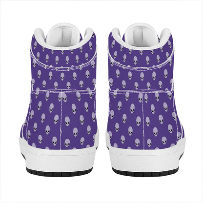 Purple Alien Face Pattern Print High Top Leather Sneakers