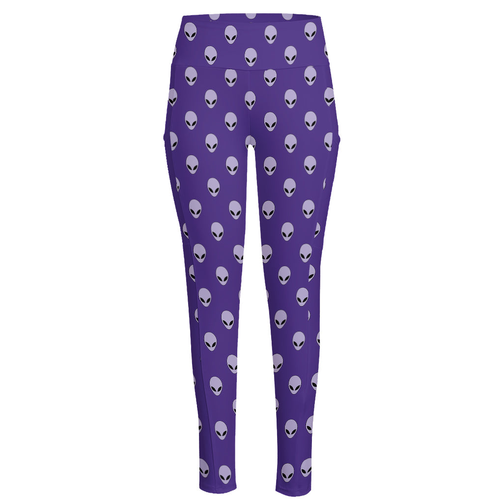 Purple Alien Face Pattern Print High-Waisted Pocket Leggings