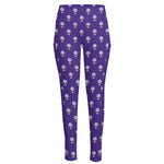 Purple Alien Face Pattern Print High-Waisted Pocket Leggings