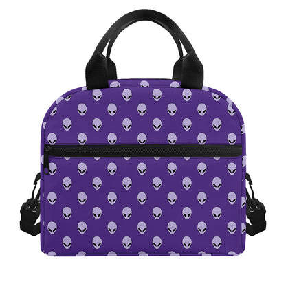 Purple Alien Face Pattern Print Insulated Lunch Bag