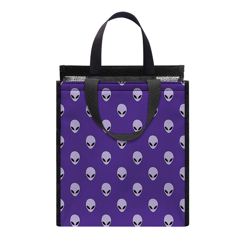 Purple Alien Face Pattern Print Insulated Lunch Tote