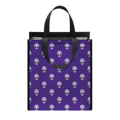 Purple Alien Face Pattern Print Insulated Lunch Tote