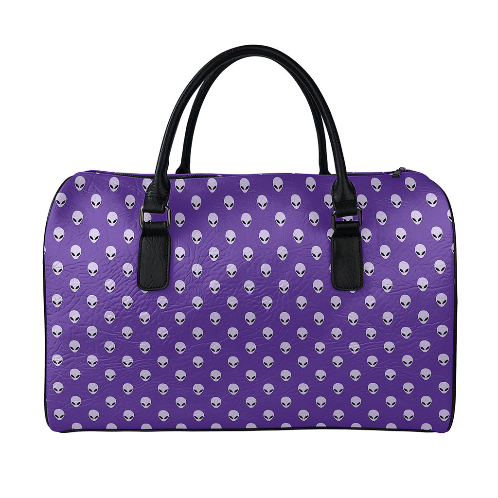Purple Alien Face Pattern Print Leather Duffle Bag