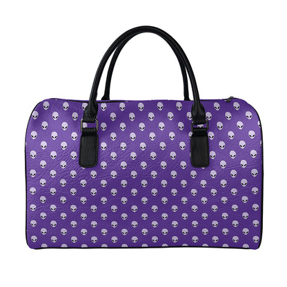 Purple Alien Face Pattern Print Leather Duffle Bag