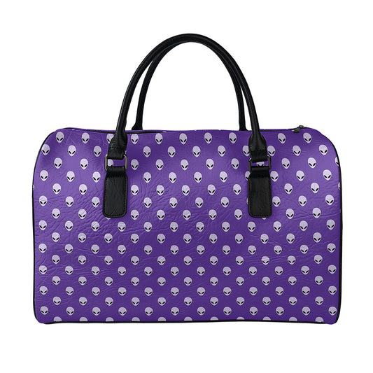Purple Alien Face Pattern Print Leather Duffle Bag