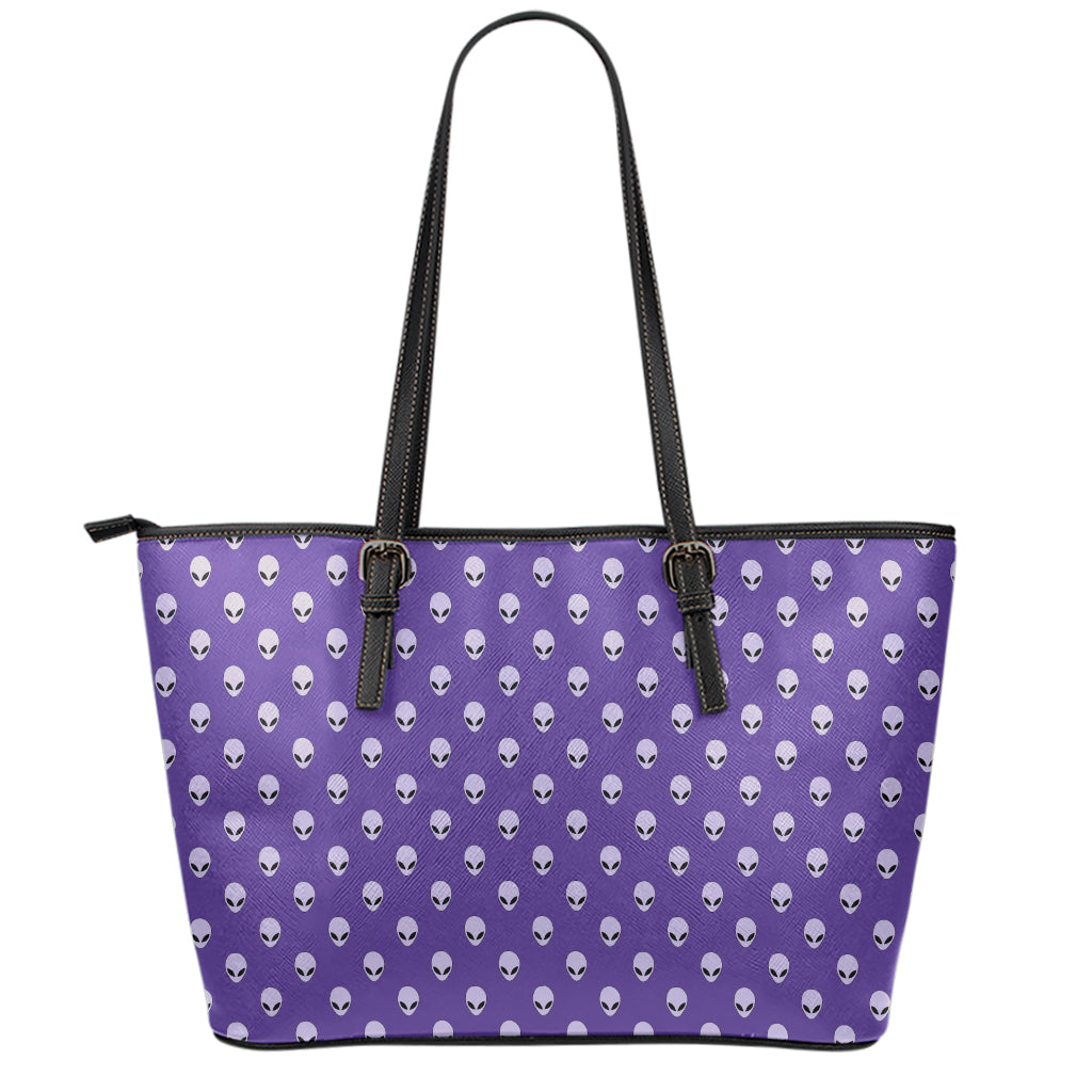 Purple Alien Face Pattern Print Leather Tote Bag