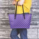 Purple Alien Face Pattern Print Leather Tote Bag