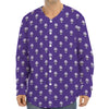 Purple Alien Face Pattern Print Long Sleeve Baseball Jersey