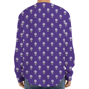 Purple Alien Face Pattern Print Long Sleeve Baseball Jersey