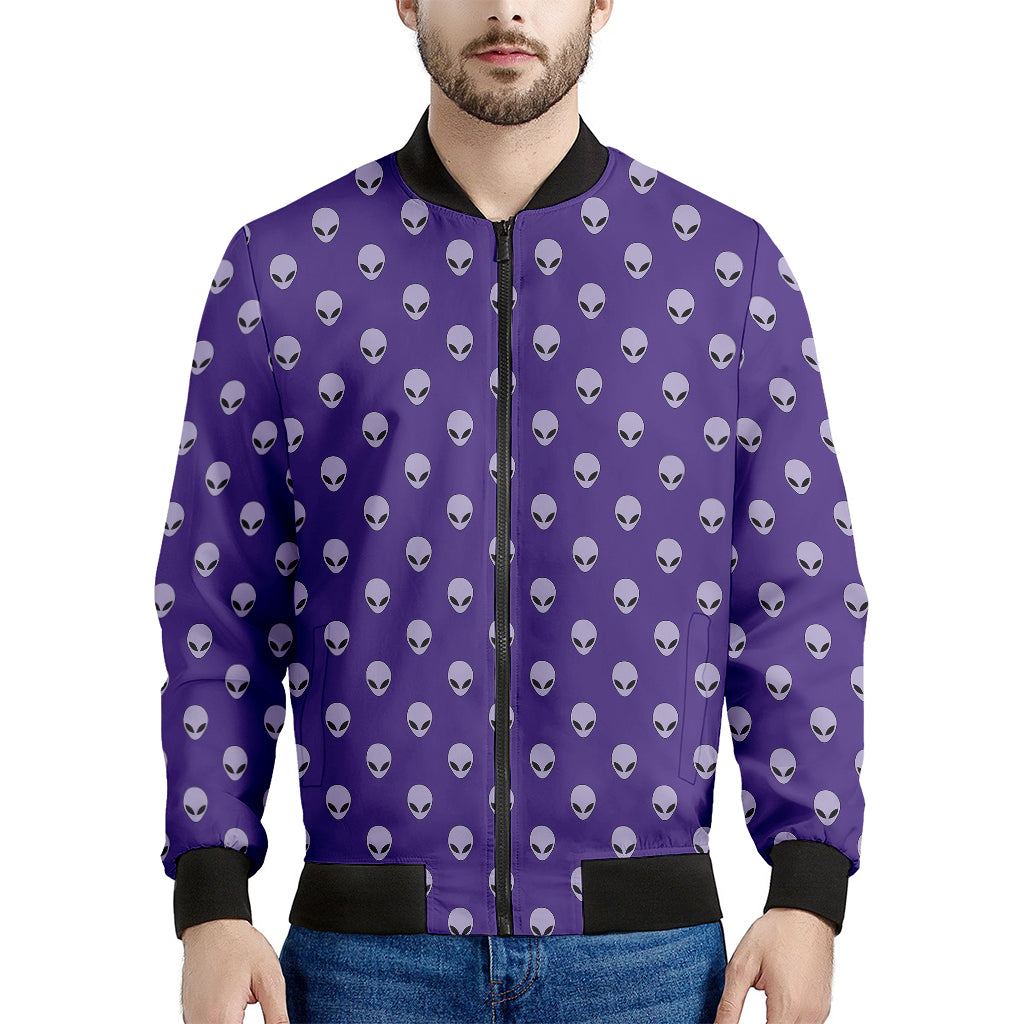 Purple Alien Face Pattern Print Men's Bomber Jacket