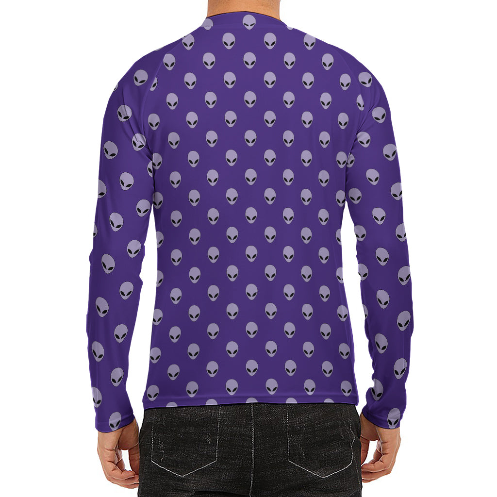 Purple Alien Face Pattern Print Men's Long Sleeve Rash Guard