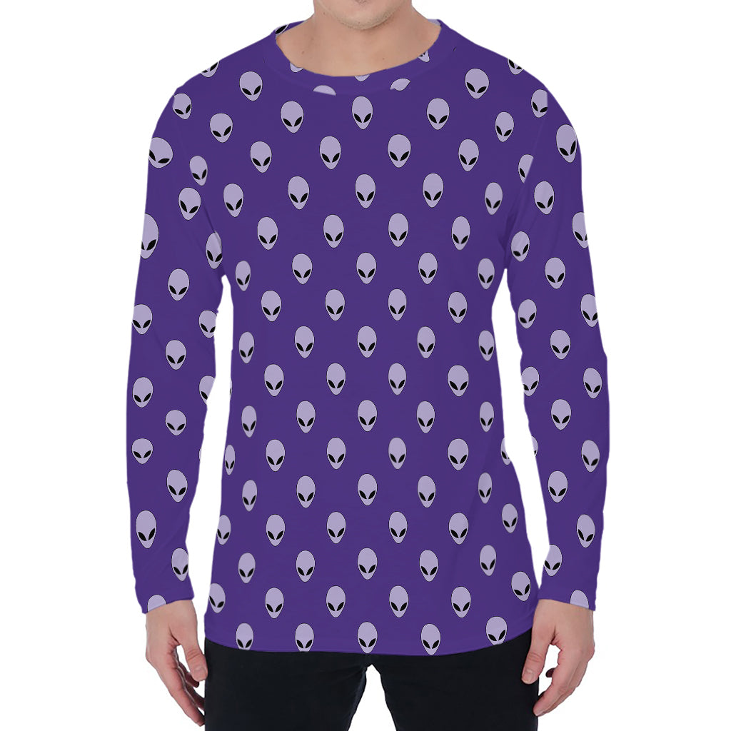 Purple Alien Face Pattern Print Men's Long Sleeve T-Shirt