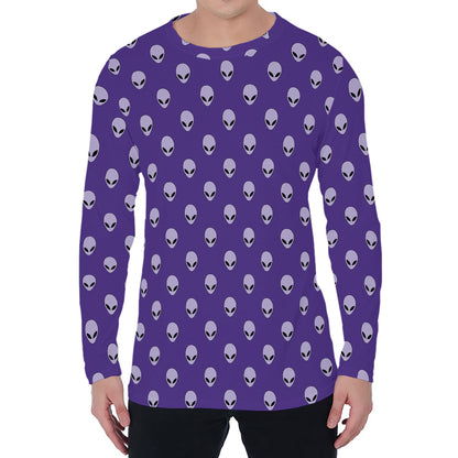 Purple Alien Face Pattern Print Men's Long Sleeve T-Shirt