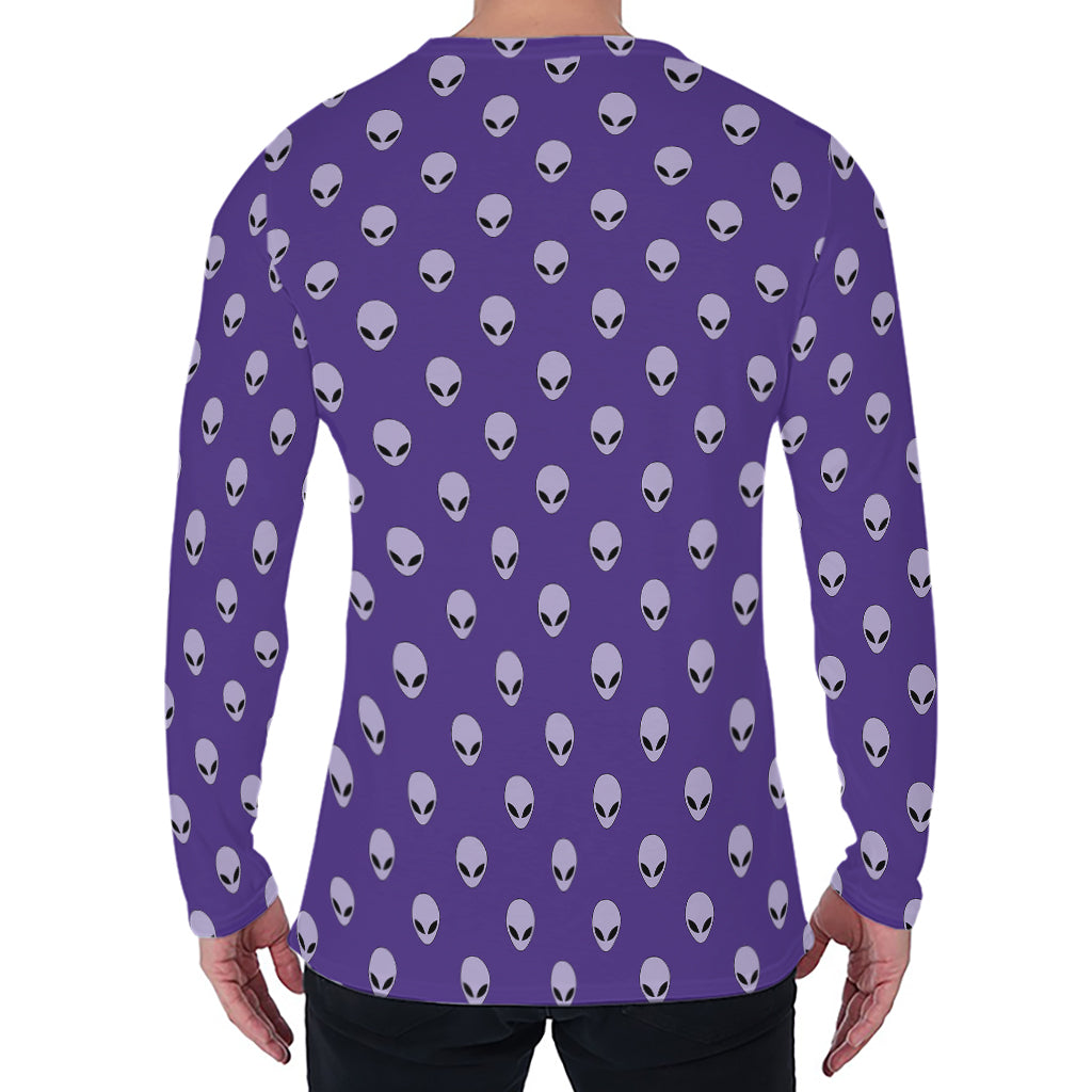 Purple Alien Face Pattern Print Men's Long Sleeve T-Shirt