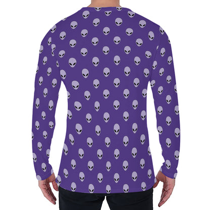Purple Alien Face Pattern Print Men's Long Sleeve T-Shirt
