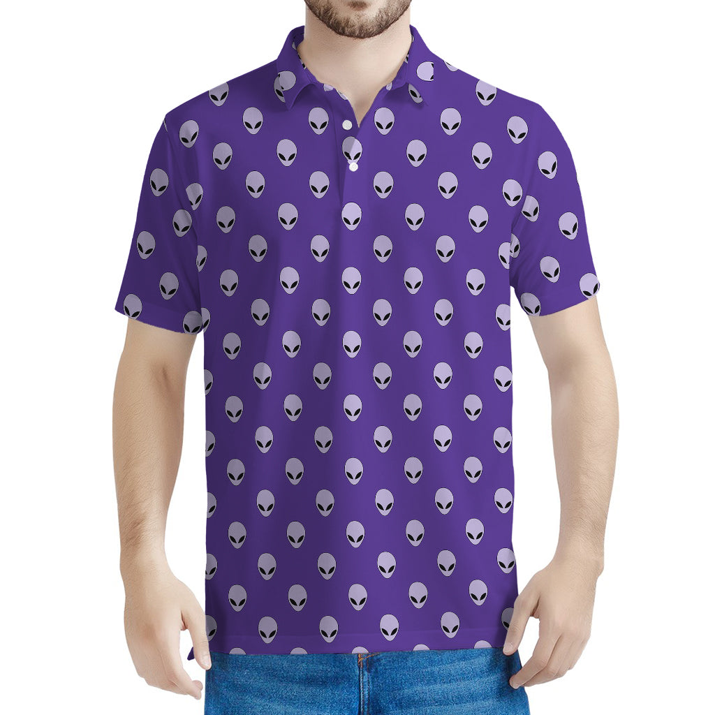 Purple Alien Face Pattern Print Men's Polo Shirt