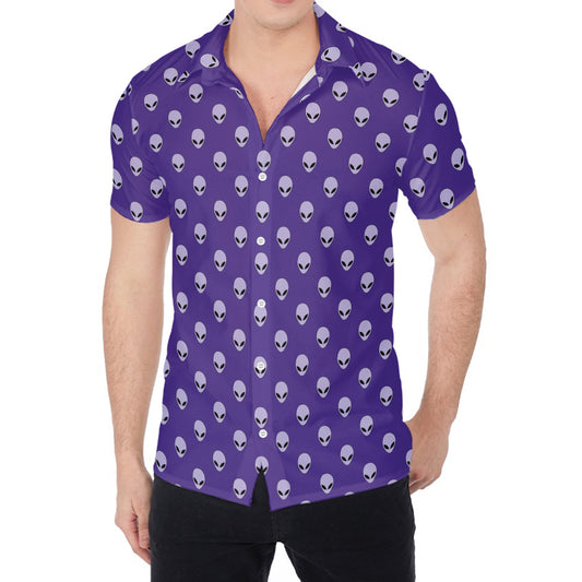Purple Alien Face Pattern Print Men's Shirt