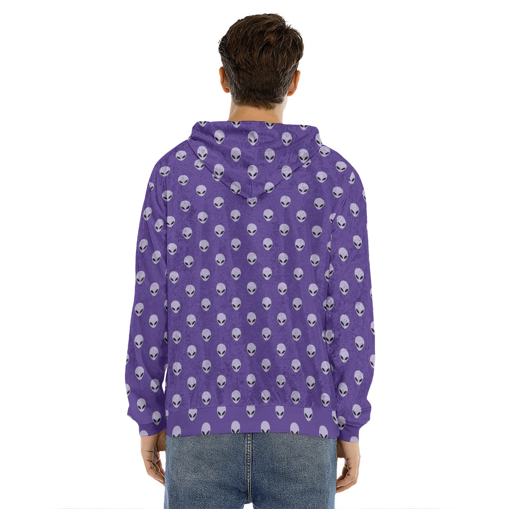 Purple Alien Face Pattern Print Men's Velvet Pullover Hoodie
