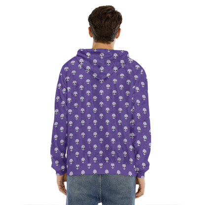 Purple Alien Face Pattern Print Men's Velvet Pullover Hoodie