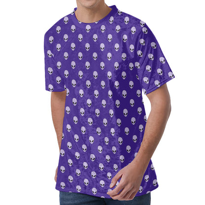 Purple Alien Face Pattern Print Men's Velvet T-Shirt