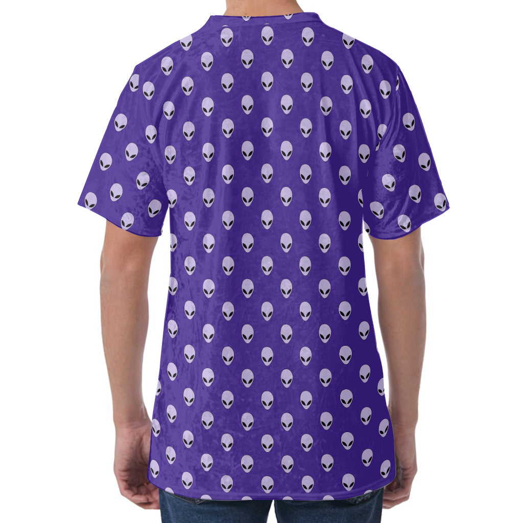 Purple Alien Face Pattern Print Men's Velvet T-Shirt