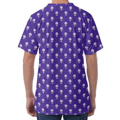 Purple Alien Face Pattern Print Men's Velvet T-Shirt