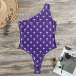 Purple Alien Face Pattern Print One Shoulder Bodysuit