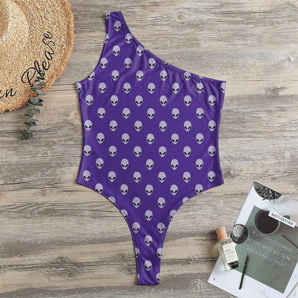 Purple Alien Face Pattern Print One Shoulder Bodysuit