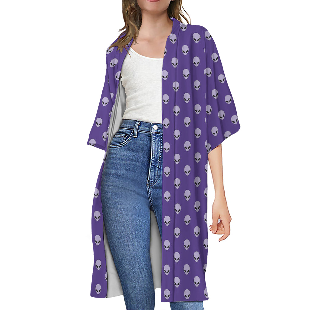 Purple Alien Face Pattern Print Open Front Beach Cover Up