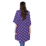 Purple Alien Face Pattern Print Open Front Beach Cover Up