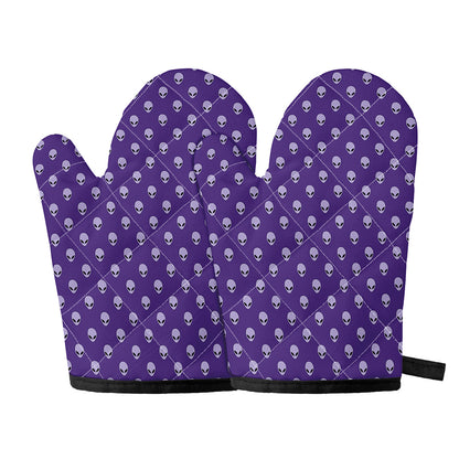 Purple Alien Face Pattern Print Oven Mitts