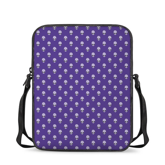 Purple Alien Face Pattern Print Rectangular Crossbody Bag