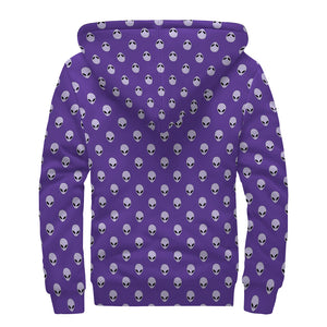 Purple Alien Face Pattern Print Sherpa Lined Zip Up Hoodie