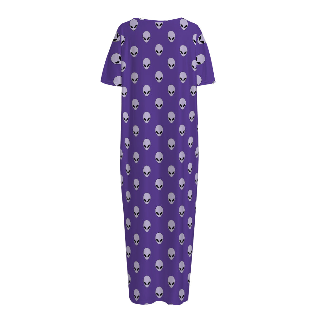 Purple Alien Face Pattern Print Short Sleeve Long Nightdress