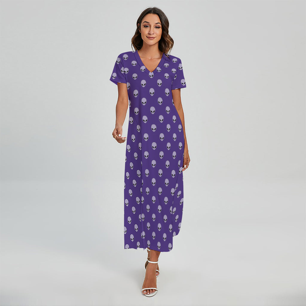 Purple Alien Face Pattern Print Short Sleeve Maxi Dress