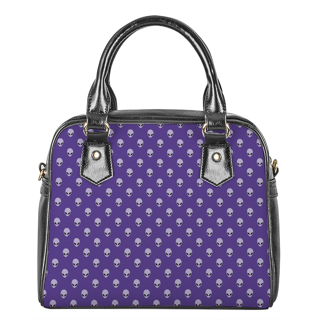 Purple Alien Face Pattern Print Shoulder Handbag