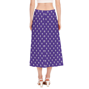 Purple Alien Face Pattern Print Side Slit Midi Skirt