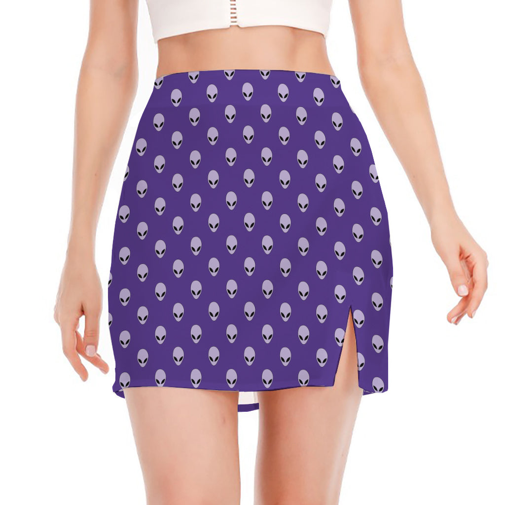 Purple Alien Face Pattern Print Side Slit Mini Skirt